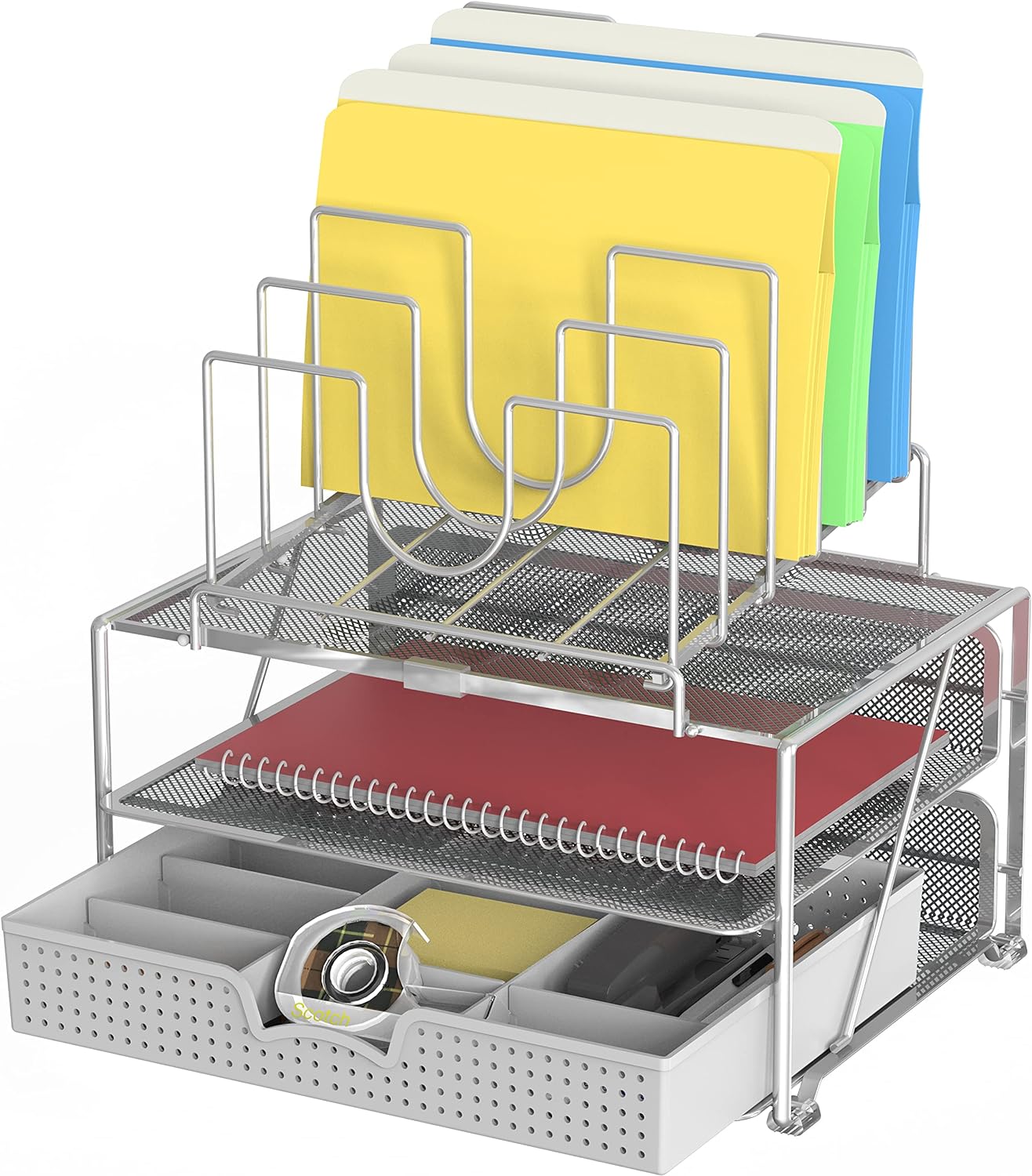 230527221355180_1 DecoBros Mesh Desk Organizer with Double Tray, 5 Stacking Sorter Sections and Sliding Drawer, Black - Image 1
